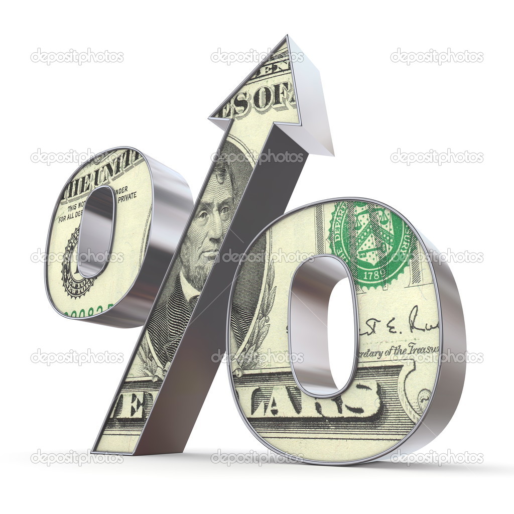 shiny metallic percentage symbol with an arrow up - front surface textured with a 5 dollar note