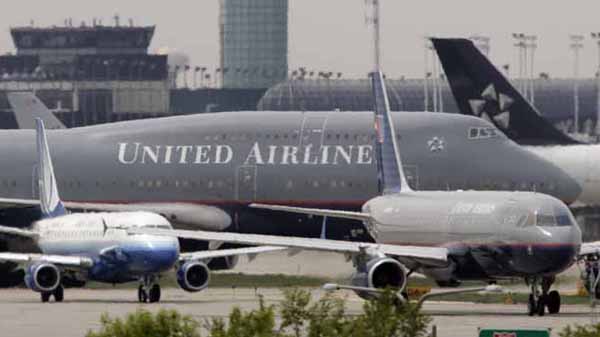File photograph of United Airlines planes taxing at Chicago's O'Hare International Airport