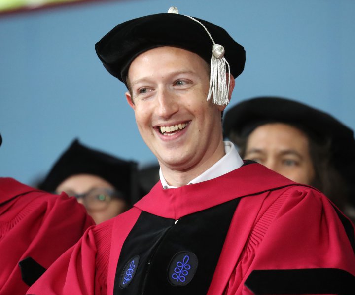 CAMBRIDGE, MA - MAY 25: Mark Zuckerberg, Harvard dropout and CEO of Facebook, a company worth nearly $400 billion, is pictured at the Harvard University commencement in Cambridge, MA on May 25, 2017. Zuckerberg delivered the commencement address and received an honorary degree. (Photo by David L. Ryan/The Boston Globe via Getty Images)