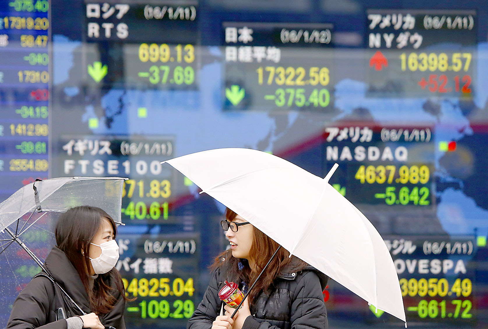 Women chat in from of an electronic stock indicator of a securities firm in Tokyo, Tuesday, Jan. 12, 2016. Chinese stocks seesawed Tuesday as worries lingered over the country's financial markets and economic outlook, fueling volatility in other Asian benchmarks. (AP Photo/Shizuo Kambayashi)
